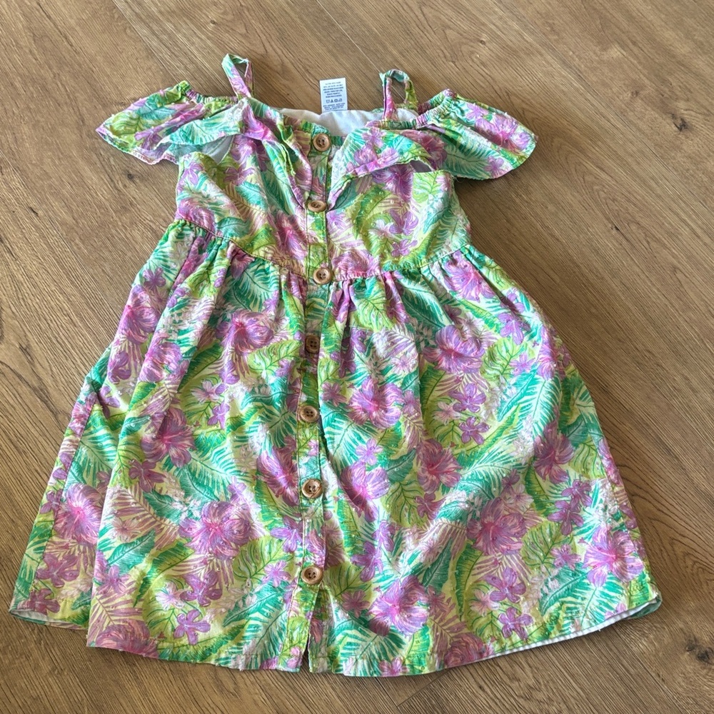 Girls Tropical Floral Button-Front Dress in Pink & Green